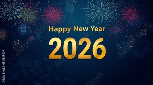 Sparkling Fireworks for Happy New Year 2026 banner template on dark background
