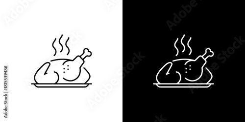 Simple Line Art of Roasted Chicken on Platter Icon Isolated on White and Black Backgrounds