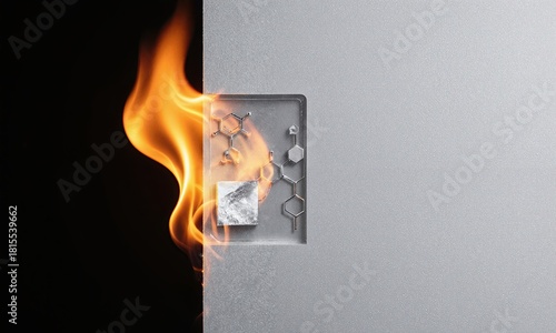 Antimony flame retardant Transparent materials showing antimony preventing fires, protective chemistry visible, safety applications demonstrated, fire test view, antimony silver