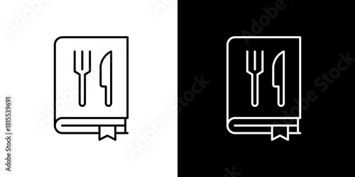 Outline icon of a cookbook with a fork and knife on the cover, a symbol for recipes, culinary arts, and gastronomic guides