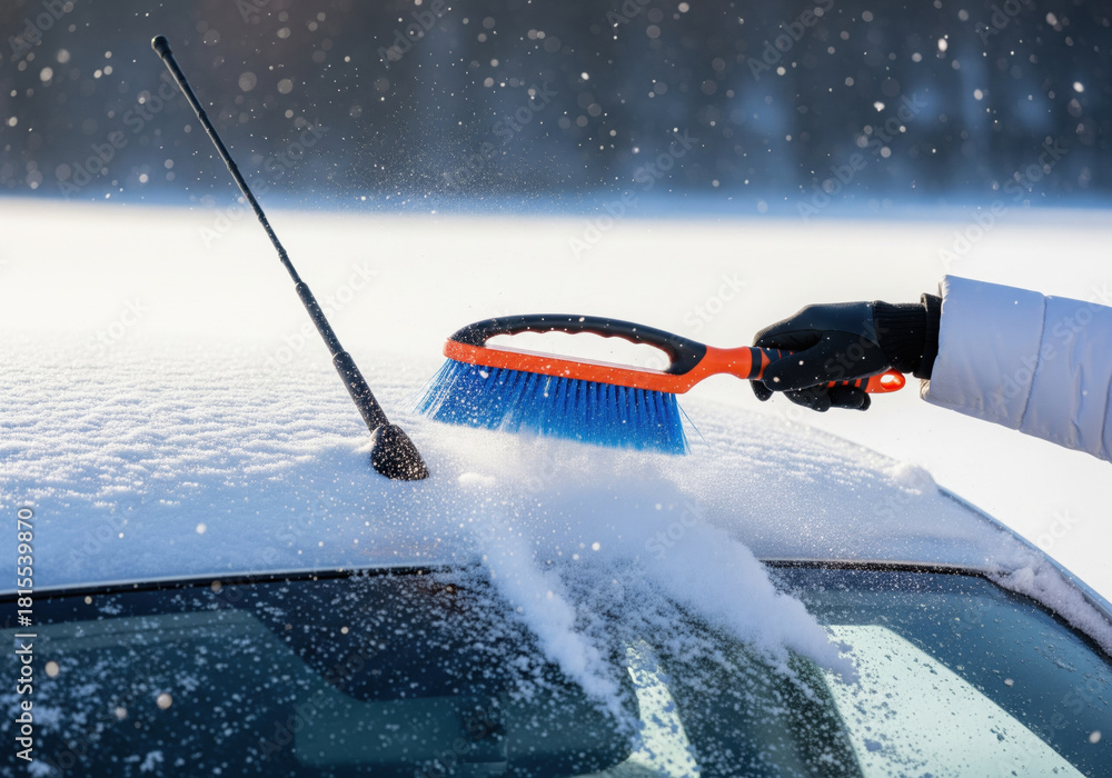 Naklejka premium Removing snow from car roof with brush