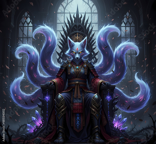 The Kitsune Emperor of the Nine Tails
A powerful Kitsune (nine-tailed fox spirit) sits regally on a spiked throne within a ruined gothic hall. This mythical sovereign wears intricate feuda