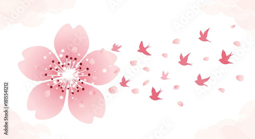 Delicate cherry blossom with pink petals, birds and dreamy clouds for spring designs, wedding invitations, or elegant floral backgrounds that evoke peace