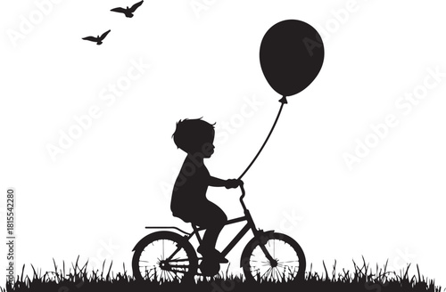 silhouette of a child riding bicycle with balloon