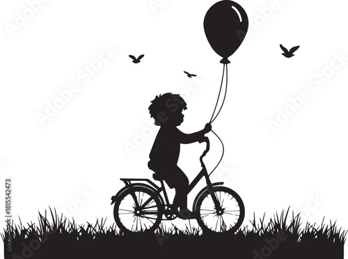 silhouette of a child riding bicycle with balloon