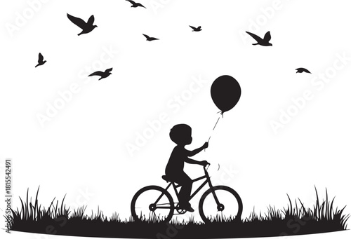 silhouette of a child riding bicycle with balloon