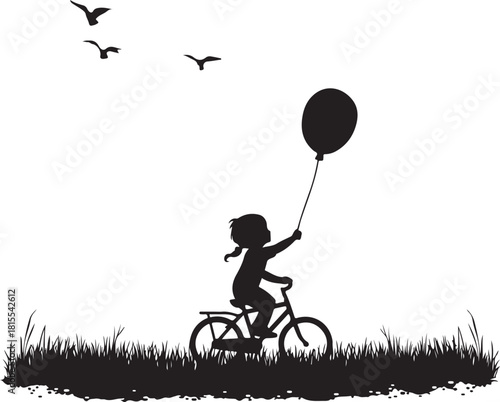 silhouette of a child riding bicycle with balloon