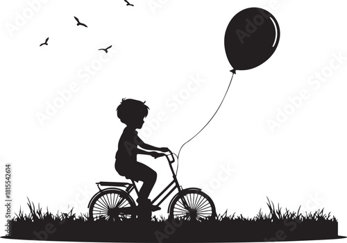 silhouette of a child riding bicycle with balloon