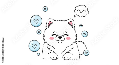 Adorable fluffy puppy dreaming sweetly of love bubbles, perfect for cute designs and children's illustrations, evoking joy and innocence in every detail