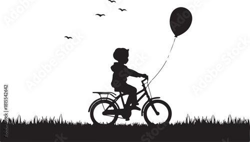 silhouette of a child riding bicycle with balloon