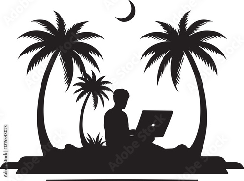 silhouette beach of a man sitting on a chair and a laptop