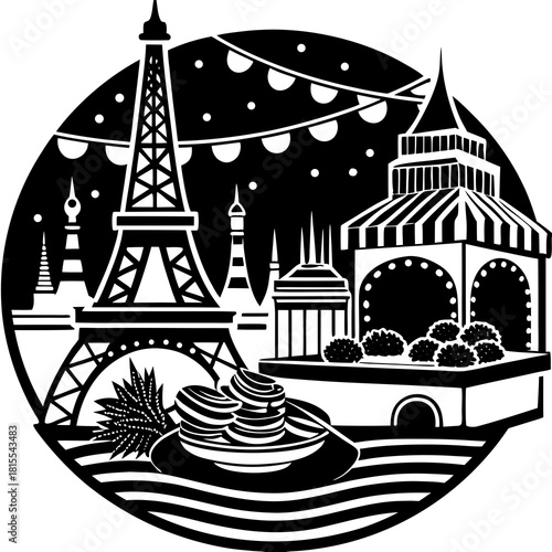 Paris Christmas Market with Eiffel Tower – Festive Woodcut Art for Travel, Holiday & Design

