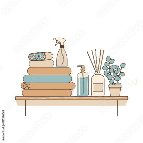 Wooden Bathroom Shelf with Towels, Toiletries, Cosmetics, and Potted Plant – Flat Vector Illustration