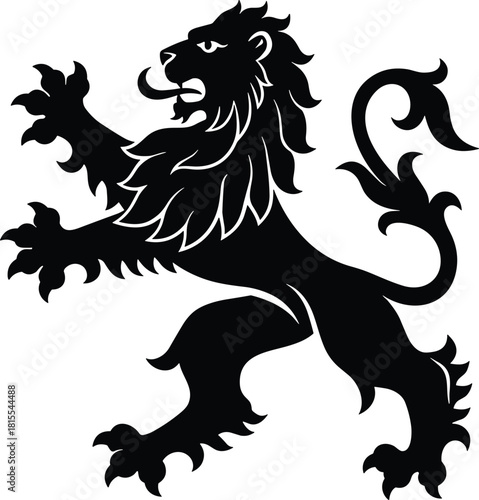 Heraldic lion silhouette vector, medieval emblem design, royal crest symbol, coat of arms graphic, vintage heraldry illustration