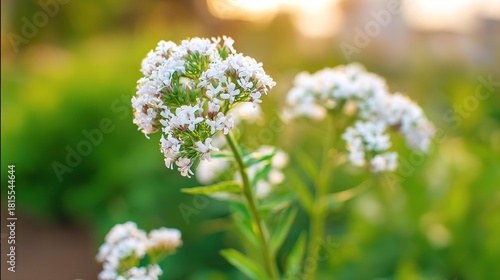 valerian. White valerian flowers swaying softly during golden hour in a botanical setting. gardening catalogs, home-decor guides, designed for home decor and floral branding, promotes healthy living.