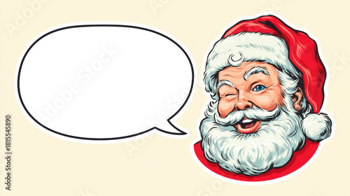 Cheerful vintage illustration of winking Santa Claus face with blank speech bubble. This Christmas holiday greeting graphic shows happy expression for message