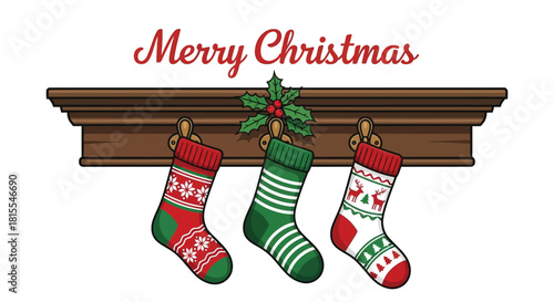 Merry Christmas text above three stockings with holly on mantel