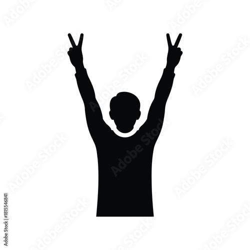 Silhouette of person with arms raised in victory gesture celebrating success isolated on white