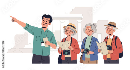Experienced Tour Guide Leads Joyful Senior Travelers Exploring Ancient Ruins and Historical Landmarks on a Cultural Sightseeing Journey