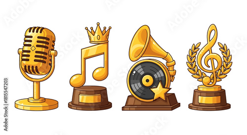 Vector collection of golden music awards and trophies, featuring a microphone, crowned note, gramophone, and treble clef prize icons