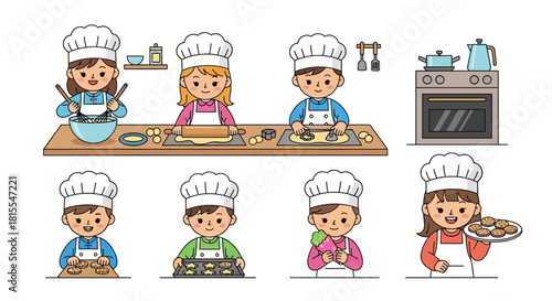 Children Baking Adorable Kids in Chef Hats Making Cookies and Desserts
