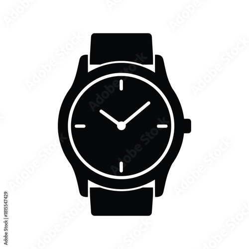 Black wristwatch silhouette classic analog timepiece icon modern accessory isolated vector graphic