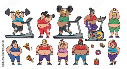Diverse individuals striving for healthier lifestyles through various exercises, showcasing both fitness efforts and the challenges of managing diet