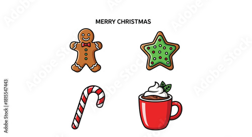 Christmas icons with gingerbread man, star cookie, candy cane, and hot chocolate