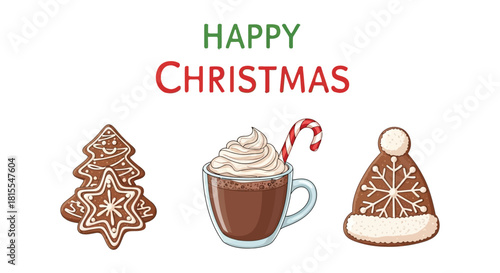 Happy Christmas text with gingerbread cookie, hot chocolate, and winter hat