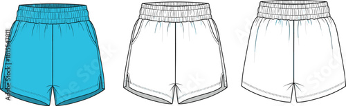Athletic shorts front view technical sketch, elastic waistband, side slit hem, pocket detail, cad drawing flat vector illustration
