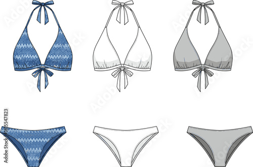 Bikini set sketch, swimwear fashion design, halter top and briefs, flat vector, cad drawing flat vector illustration