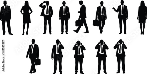 WebBusiness professional silhouettes, formal attire, male female poses, corporate theme, office behavior, vector set, cad drawing flat vector illustration