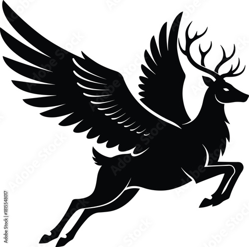 Flying deer silhouette vector, mythical creature design, fantasy animal illustration, winged stag artwork, legend wildlife graphic, magic nature art