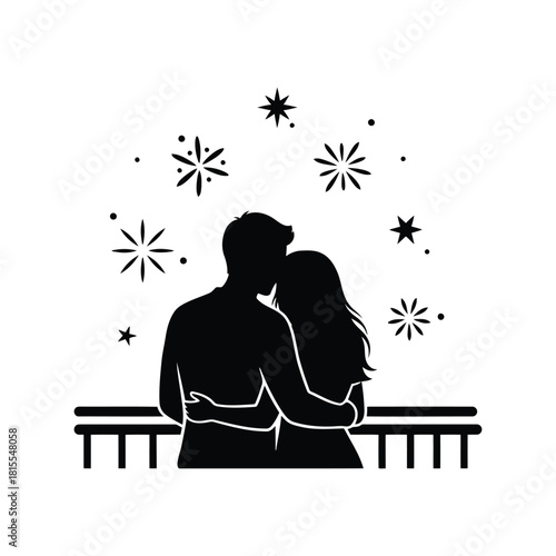 Couple silhouette embracing under snowflakes romantic winter moment love togetherness festive season