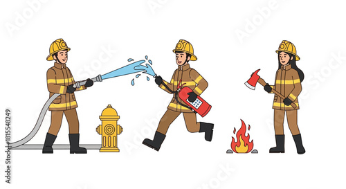 Firefighters in Action Brave Men and Women Responding to Emergency Scenes with Equipment