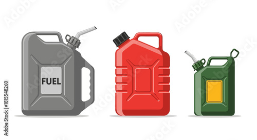 Assortment of vibrant fuel containers, including grey, red, and green jerrycans, for gasoline and petroleum storage