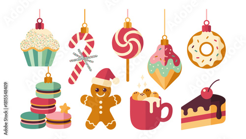 Festive Delights: An array of charming Christmas ornaments, featuring delectable cupcakes, candy canes, lollipops, donuts, macaroons, gingerbread men, hot cocoa, and cake slices.