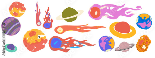 seamless pattern with colorful flowers, transparent Funky crayon drawn planets, asteroids, stars and constellations. Doodle outer space childish icons set. Crayon drawings of night sky or galaxy 