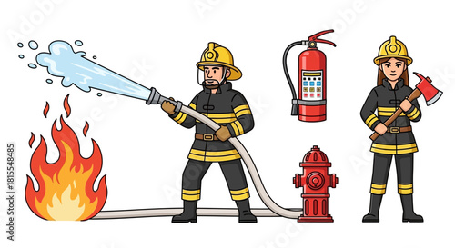 Firefighters battling flames with hose, extinguisher, and tools for fire safety illustration