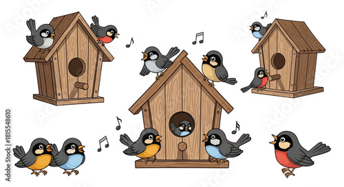 Cartoon illustration of birdhouses, showcasing various birds, singing happily and chirping