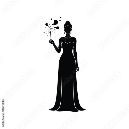 Elegant woman silhouette holding magic wand fantasy fairy tale celebration sparkling effect