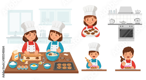 Cheerful kids baking cookies in the kitchen with baking ingredients, various cooking styles illustrations