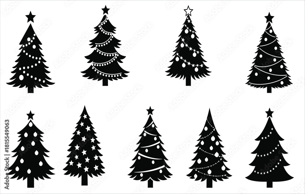 Obraz premium Christmas tree silhouette collection with decorations and star toppers
