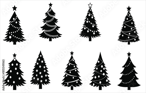 Christmas tree silhouette collection with decorations and star toppers