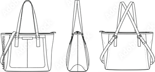 Handbag technical sketch front, side, back views, strap and buckle detail, product design, cad drawing flat vector illustration