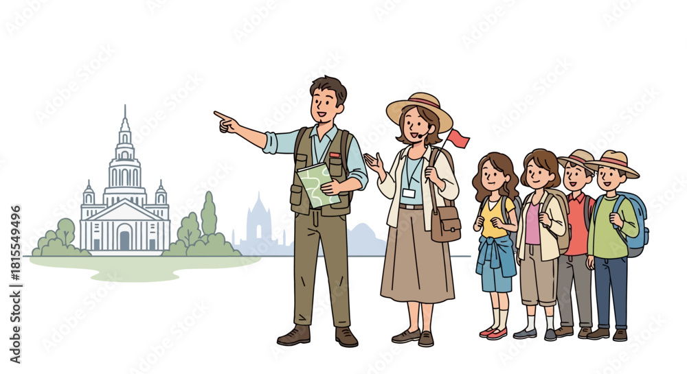 Fototapeta premium Engaging Tour Guide Leading a Group with Historical Building View