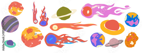 transparent Funky crayon drawn planets, asteroids, stars and constellations. Doodle outer space childish icons set. Crayon drawings of night sky or galaxy seamless pattern with colorful flowers