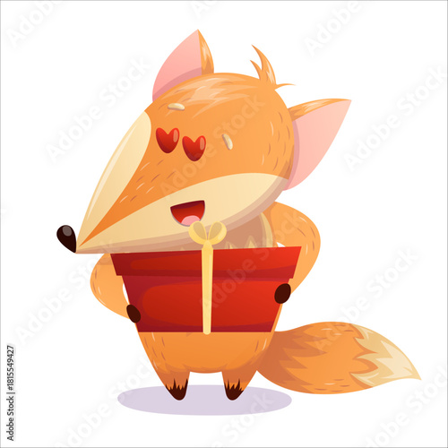 A cute cartoon fox in love holding a gift. Fox, gift, love, Valentine's Day, holiday, emotion, vector
