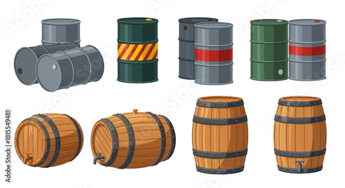Vector illustration set of cartoon oil drums and wooden casks for storing various chemical and organic liquids