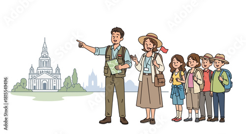 Engaging Tour Guide Leading a Group with Historical Building View